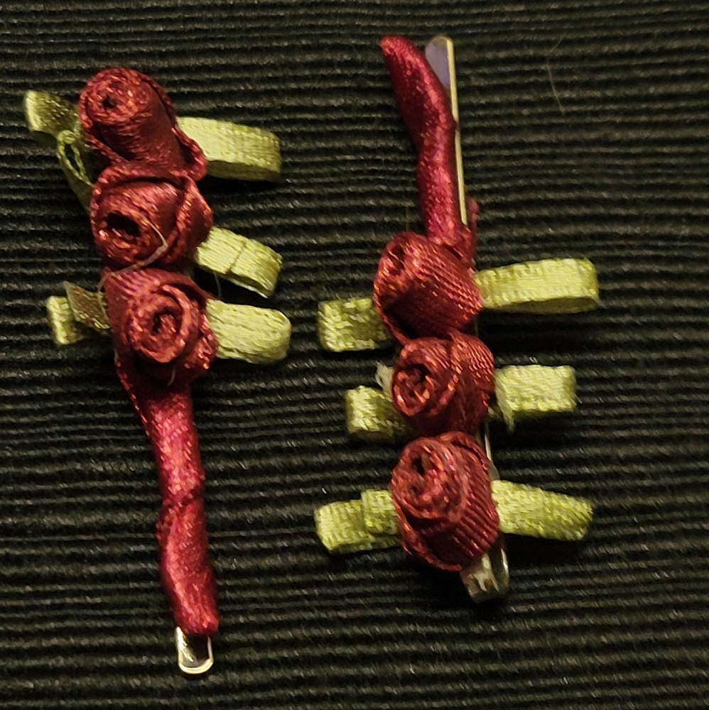 Vtg Hair Clasps Barrettes Burgundy Red Rose Leaves